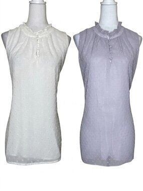 Gibsonlook XL Swiss Dot Bundle White & Lilac Ruffle Neck Sleeveless Blouse Set